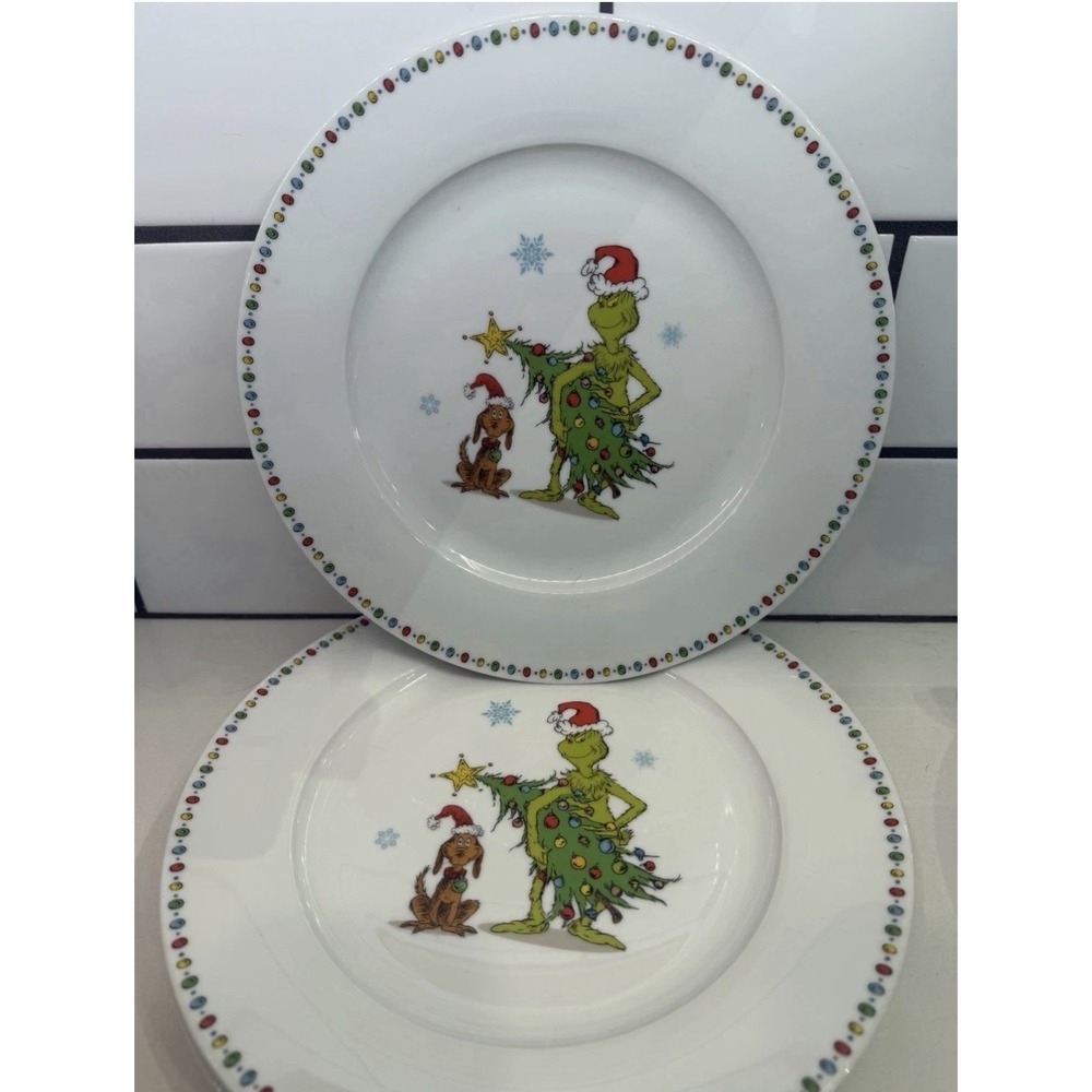 Grinch & Max Stole Christmas Tree 10.5" Ceramic Dinner Plate NEW Set Of 4 NEW